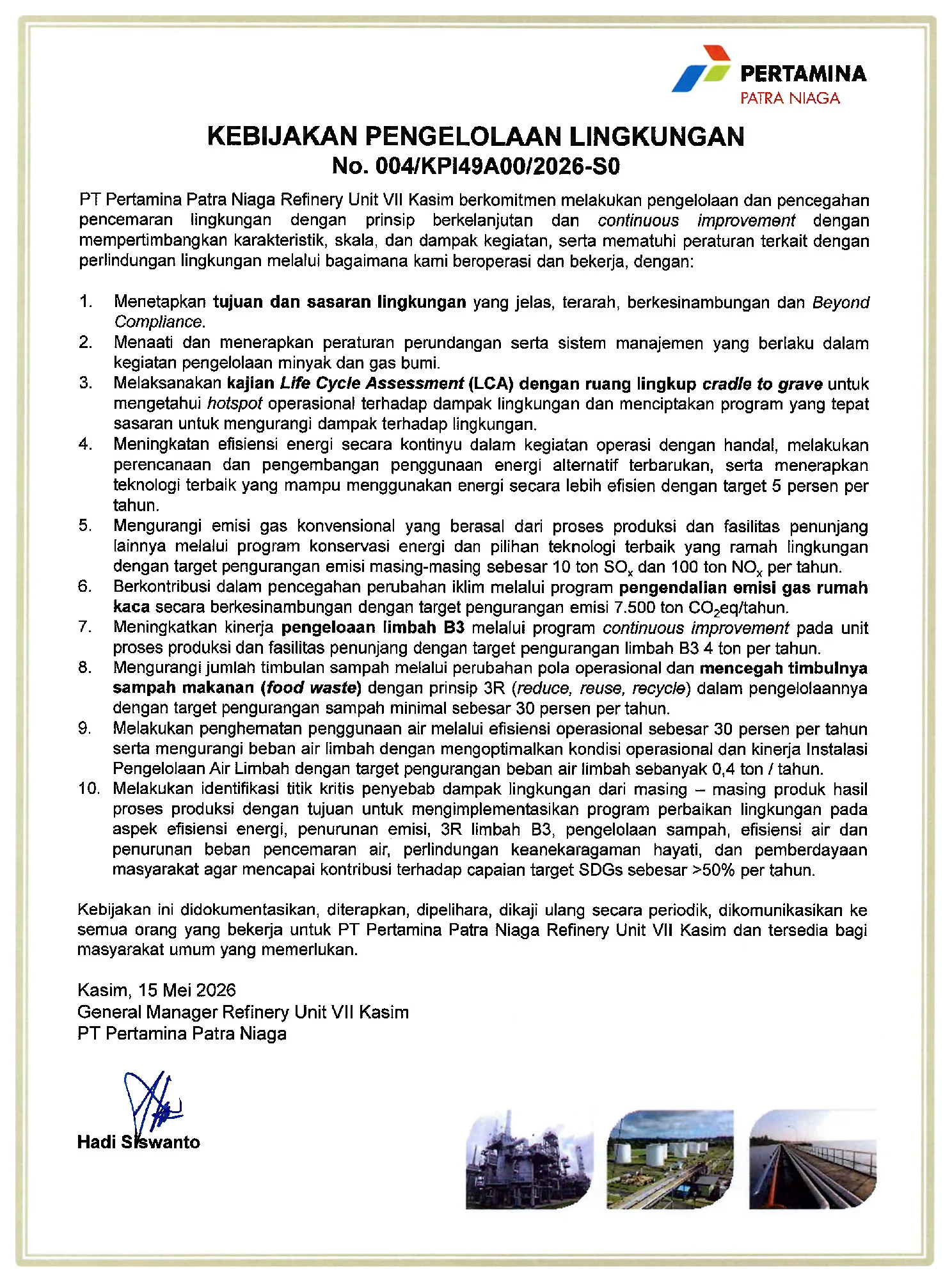 Kebijakan Pengelolaan Lingkungan No. 004/KPI49A00/2026-S0